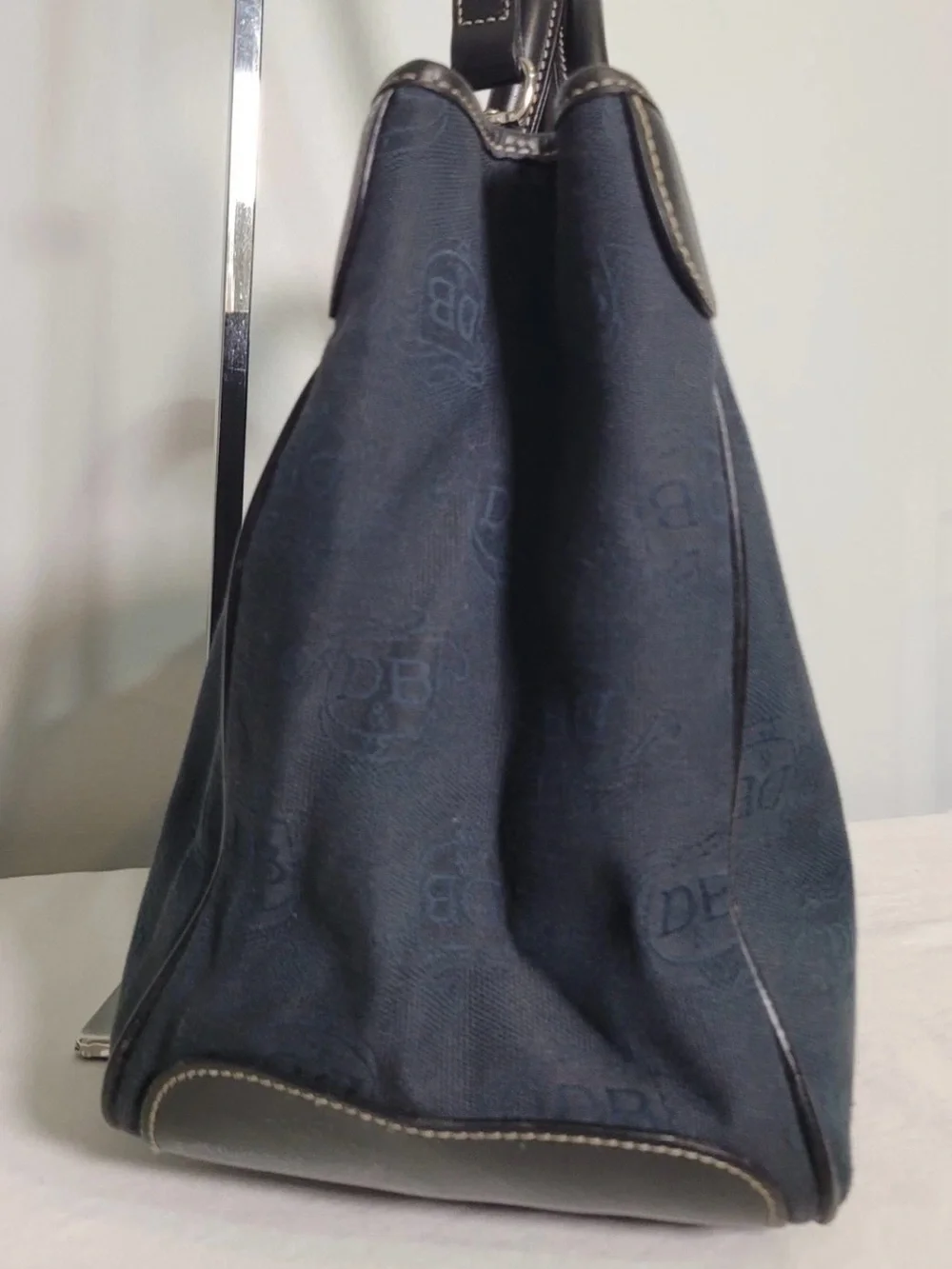 Dooney & Bourke Monogram Tote Crossbody Bag Navy Canvas Black Leather Trim